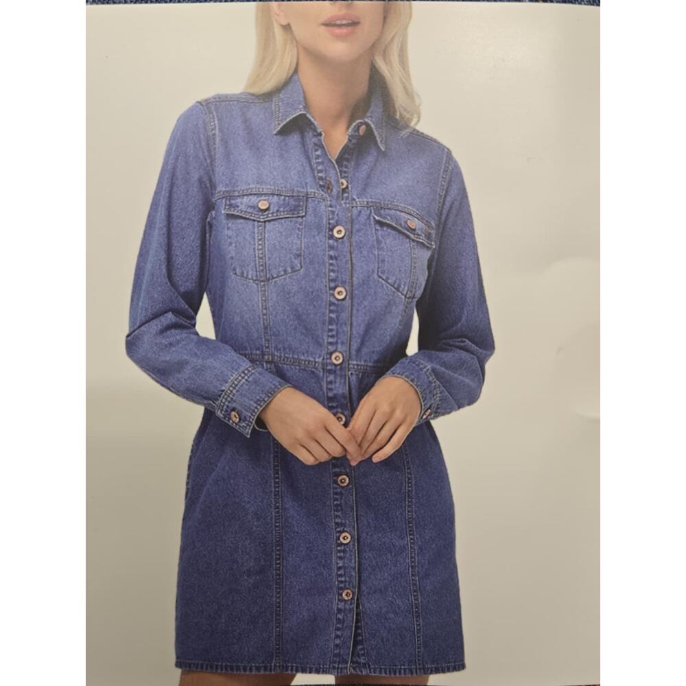 FRYE Denim Dress Light Wash Button Front Cinch Waist Dual Pockets XS